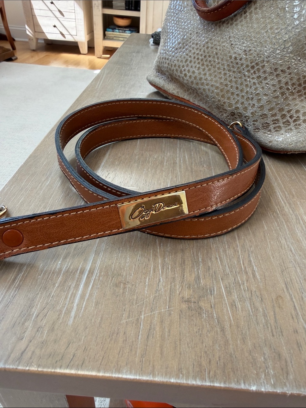 Dooney & Bourke taupe suede snake textured satchel w/British tan leather trim - Picture 9 of 11